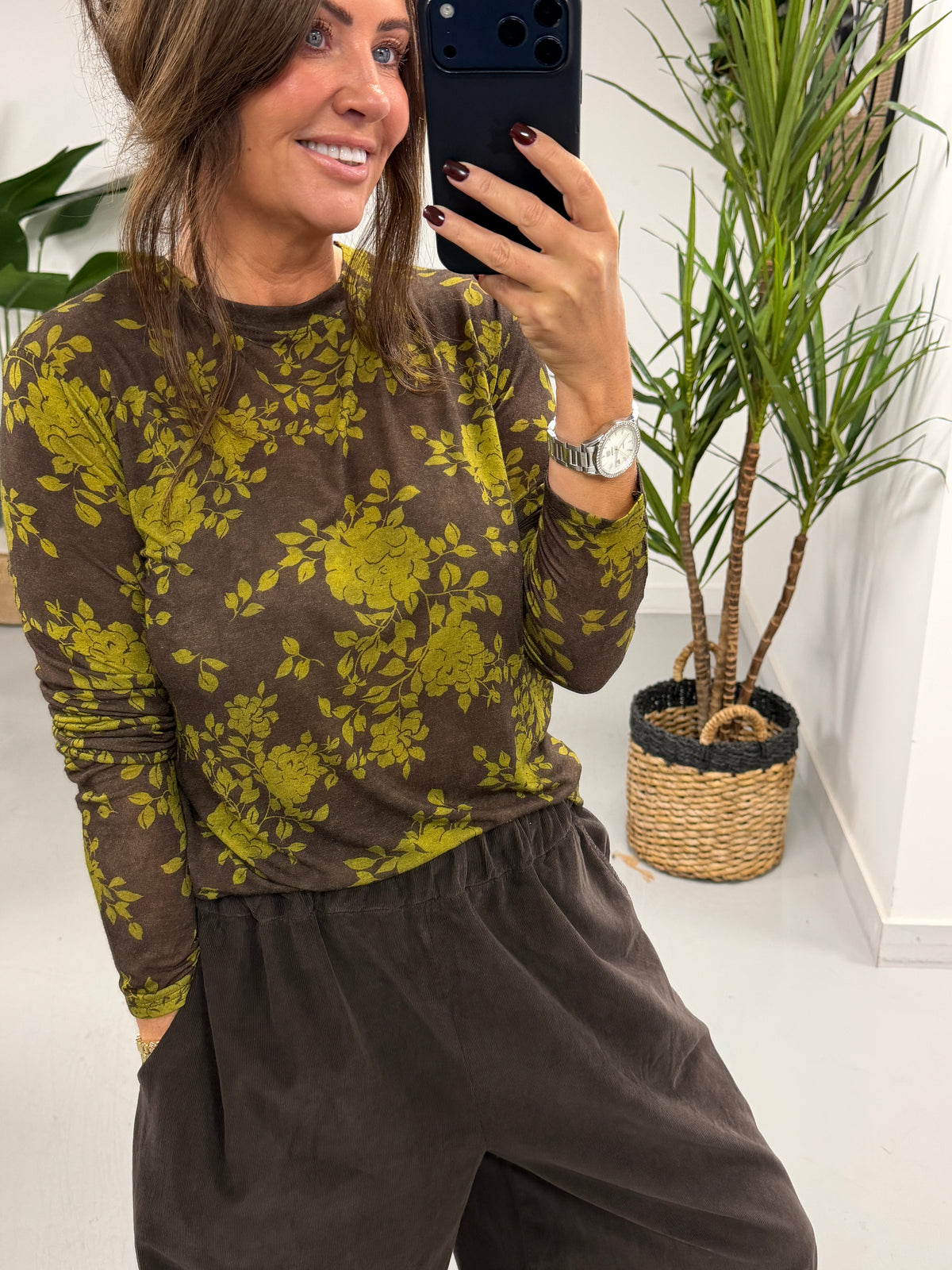 The Cashmere Blend Botanical Layering Top  - Chocolate/Olive (Size 10-16)