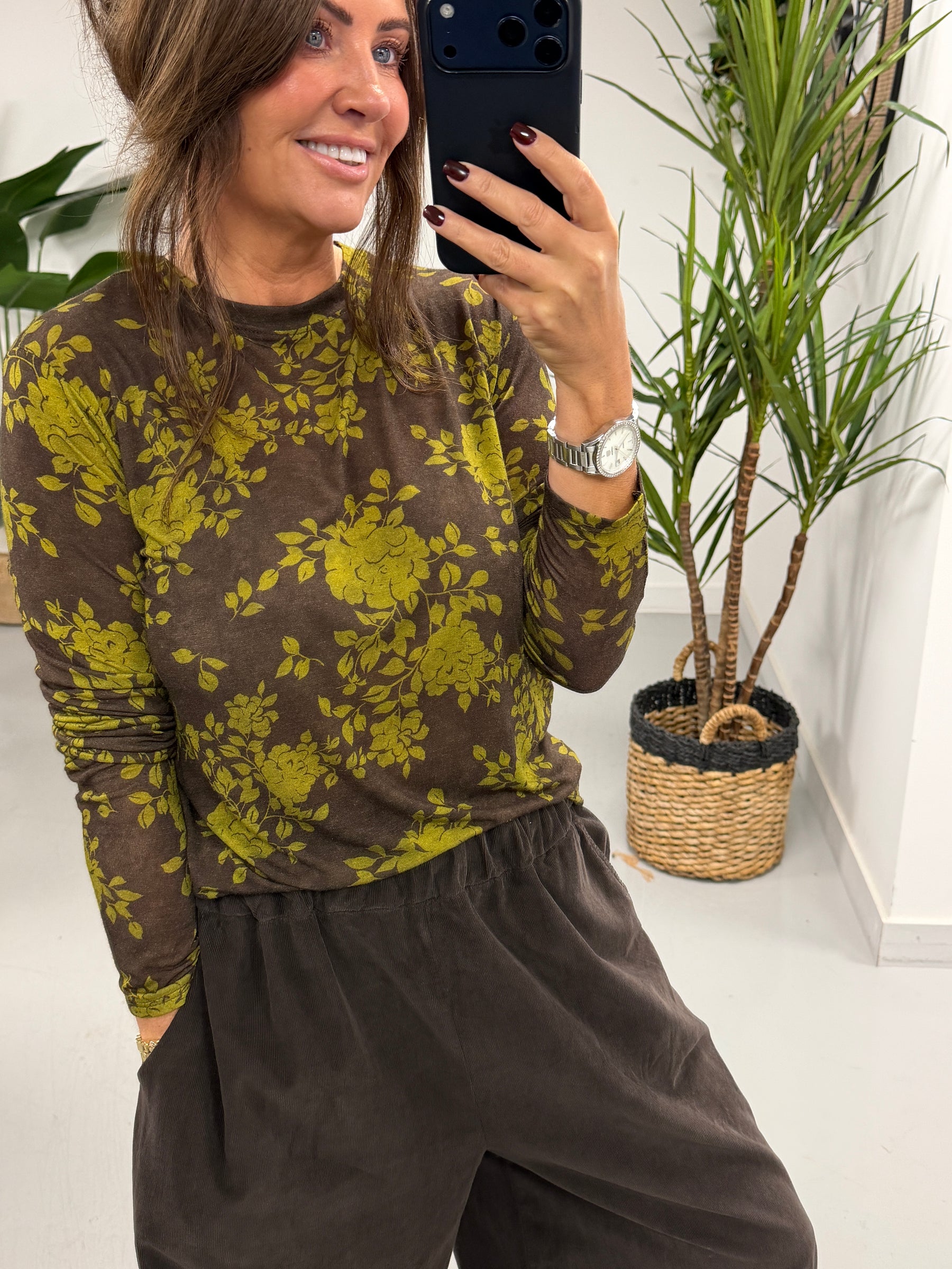 The Cashmere Blend Botanical Layering Top  - Chocolate/Olive (Size 10-16)