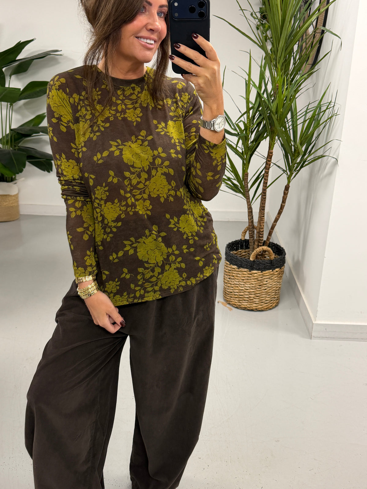 The Cashmere Blend Botanical Layering Top  - Chocolate/Olive (Size 10-16)