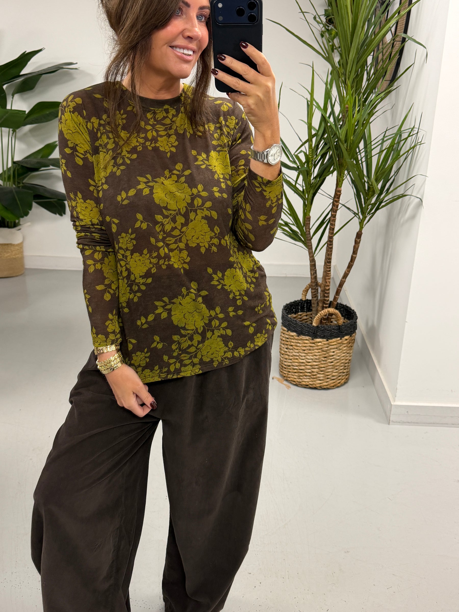 The Cashmere Blend Botanical Layering Top  - Chocolate/Olive (Size 10-16)
