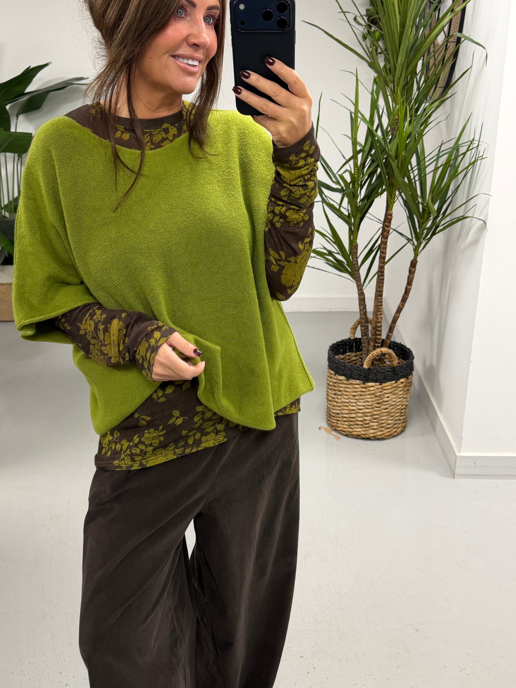 The Cashmere Blend Botanical Layering Top  - Chocolate/Olive (Size 10-16)