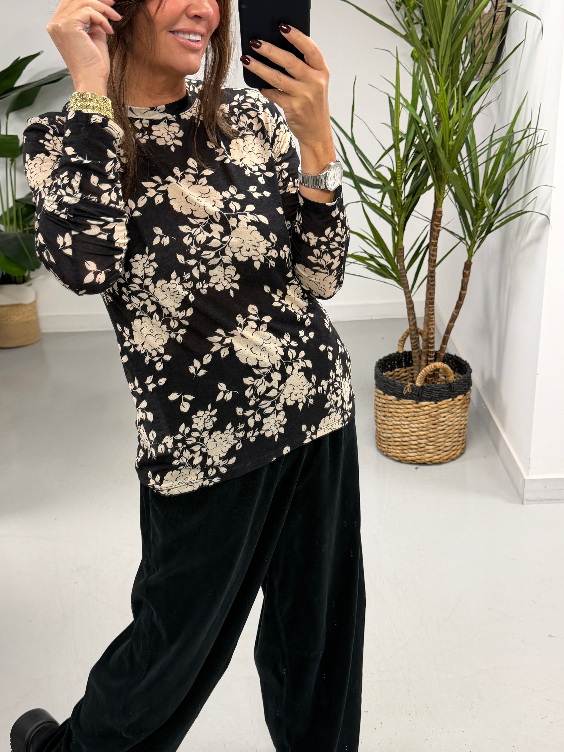 The Cashmere Blend Botanical Layering Top  - Black/White (Size 10-16)