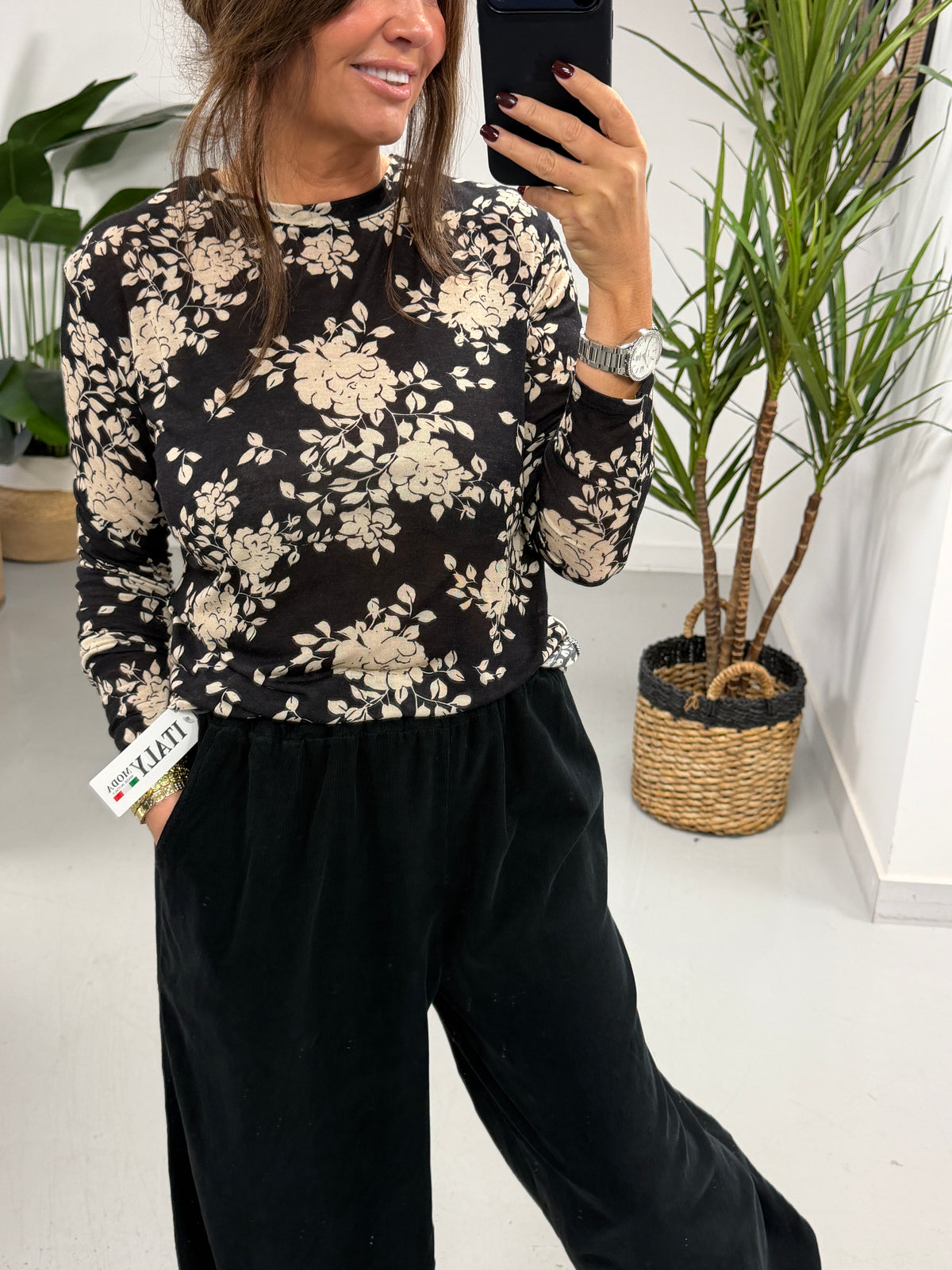The Cashmere Blend Botanical Layering Top  - Black/White (Size 10-16)