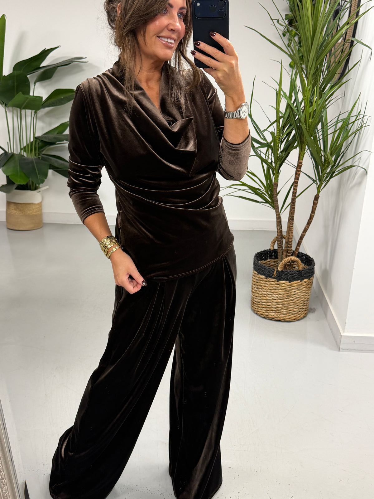 Velvet Wide Leg Trousers - Chocolate (Size 10-14)