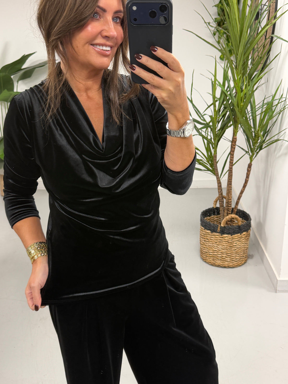 Velvet Scoop Neck Top - Black (Size 8-12)