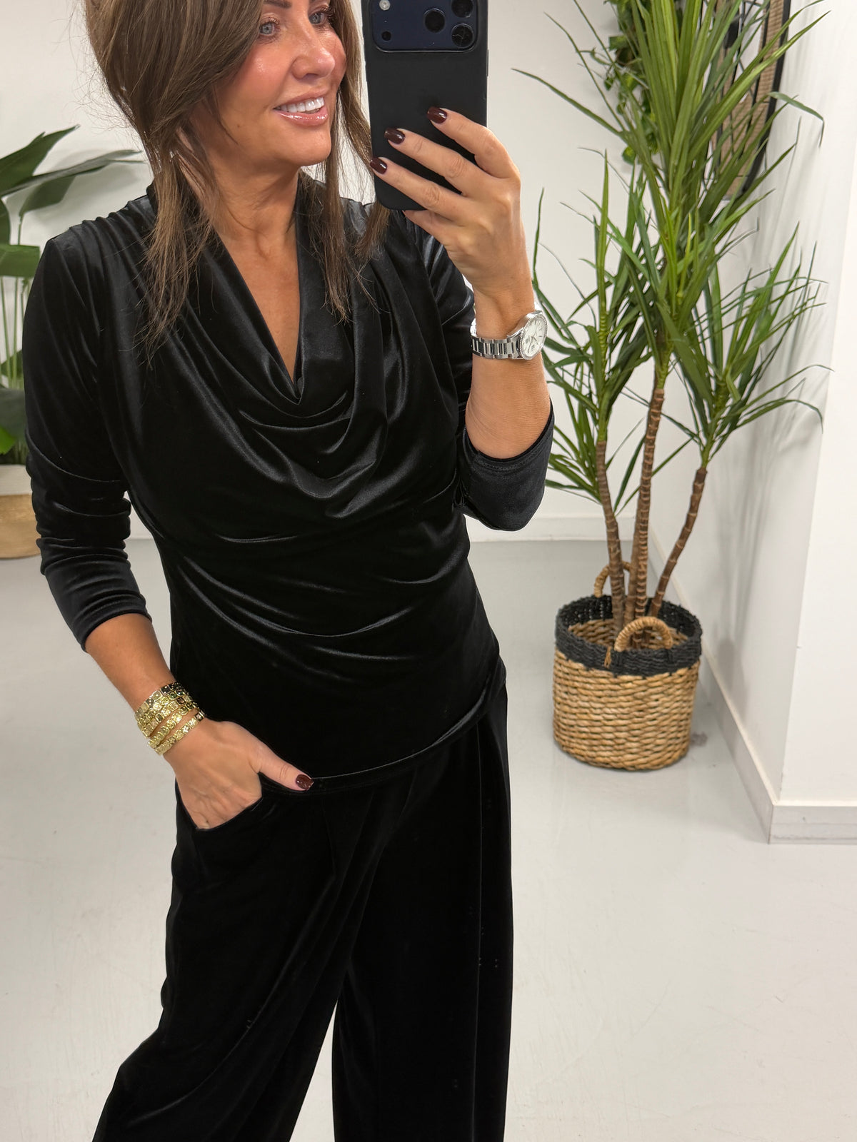 Velvet Scoop Neck Top - Black (Size 8-12)