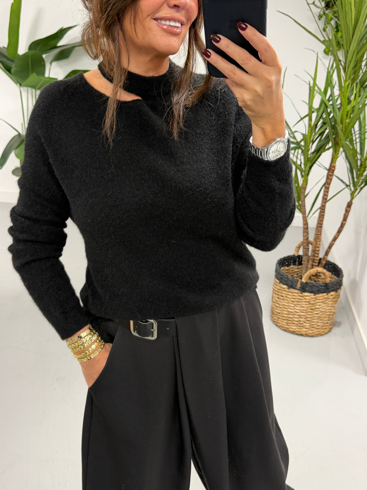 The Sienna Slash Neck Knit  - Black (Size 8-14)