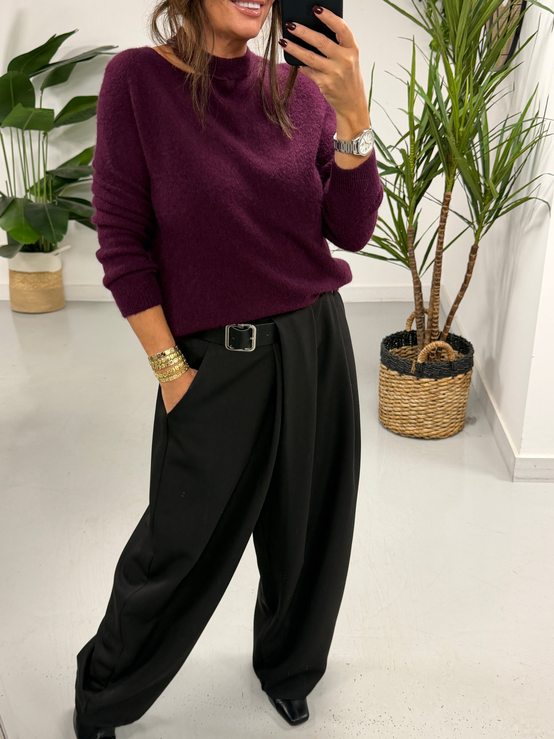 The Sienna Slash Neck Knit  - Aubergine (Size 8-14)