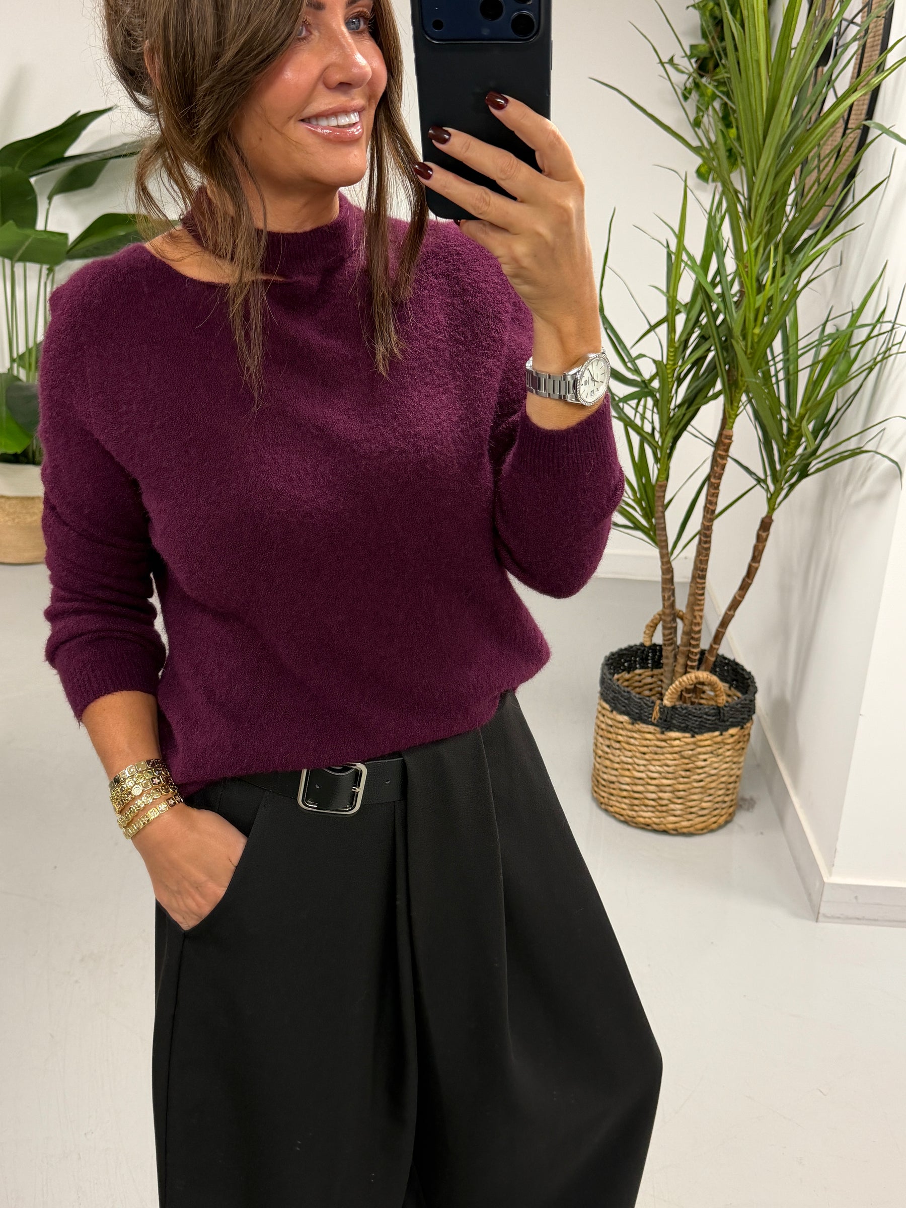 The Sienna Slash Neck Knit  - Aubergine (Size 8-14)