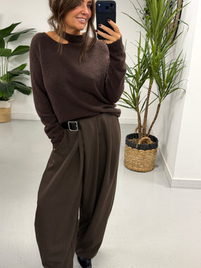 Side Belt Barrel Trousers - Chocolate (Fitting Size 10-14) PREORDER