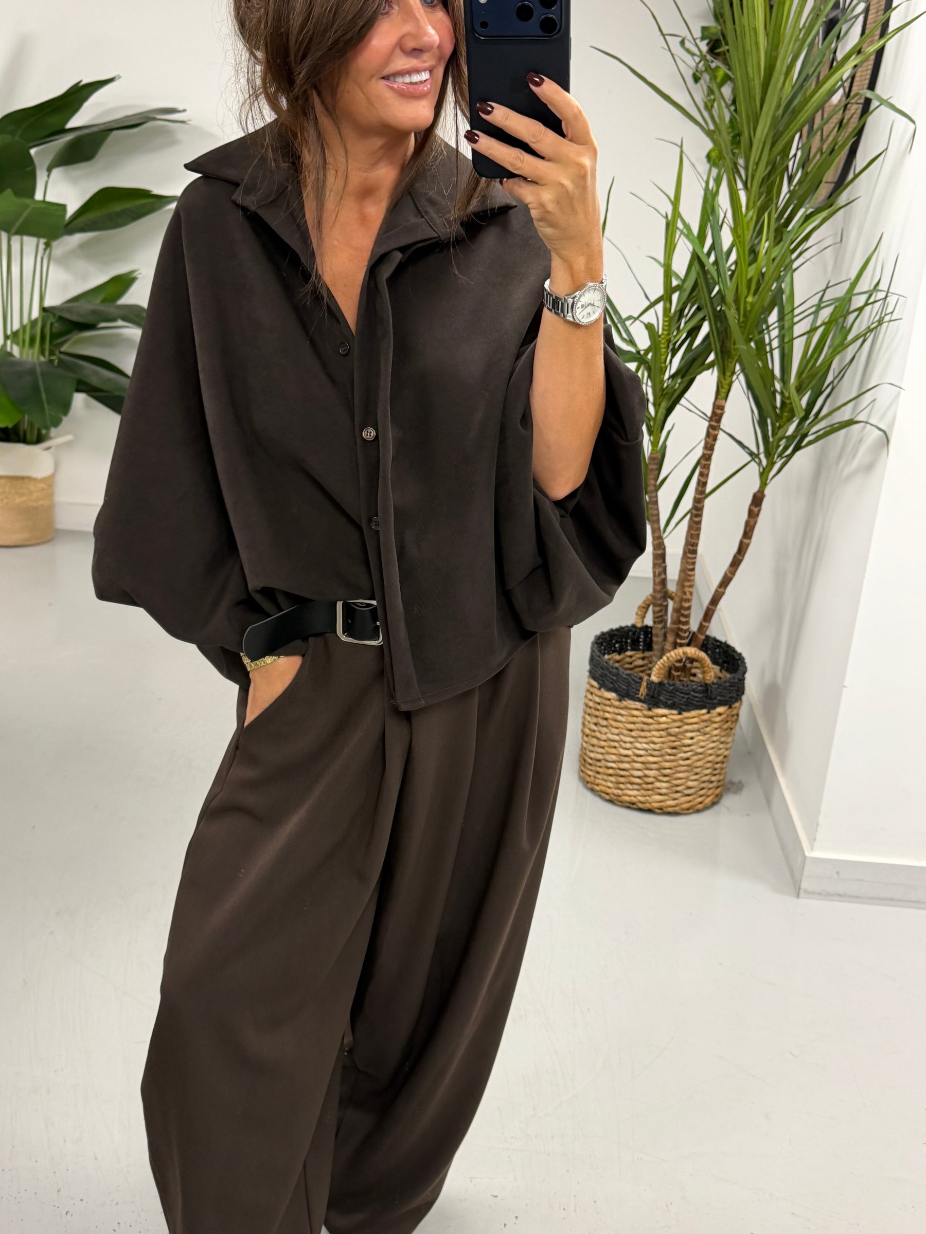 Side Belt Barrel Trousers - Chocolate (Fitting Size 10-14) PREORDER
