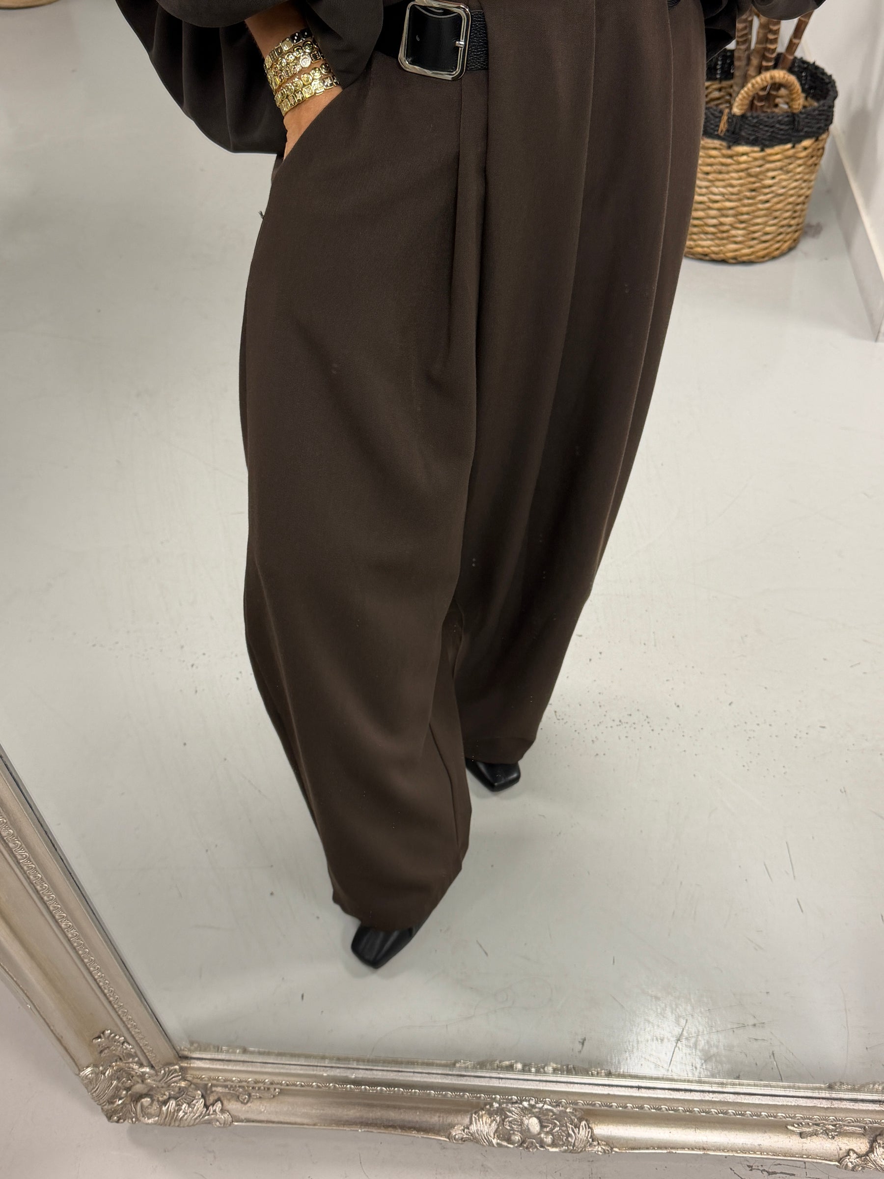 Side Belt Barrel Trousers - Chocolate (Fitting Size 10-14) PREORDER