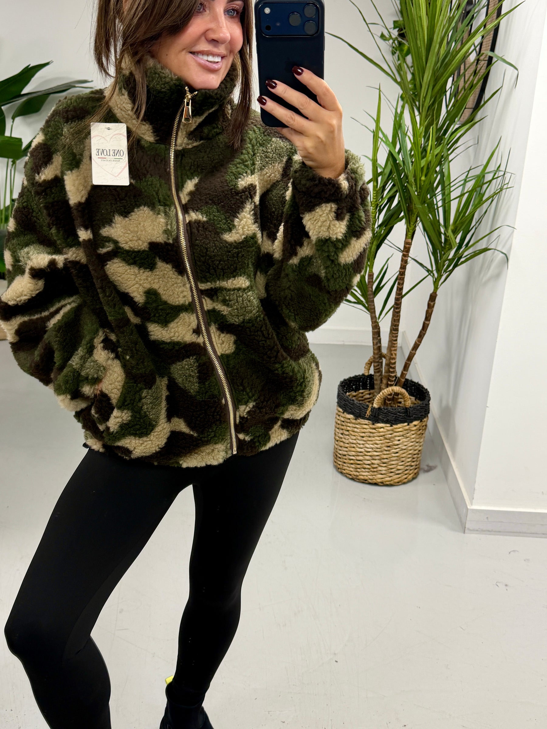 The Conrad Camo Fleecy Zip Up Jacket - Stone