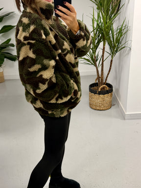 The Conrad Camo Fleecy Zip Up Jacket - Stone