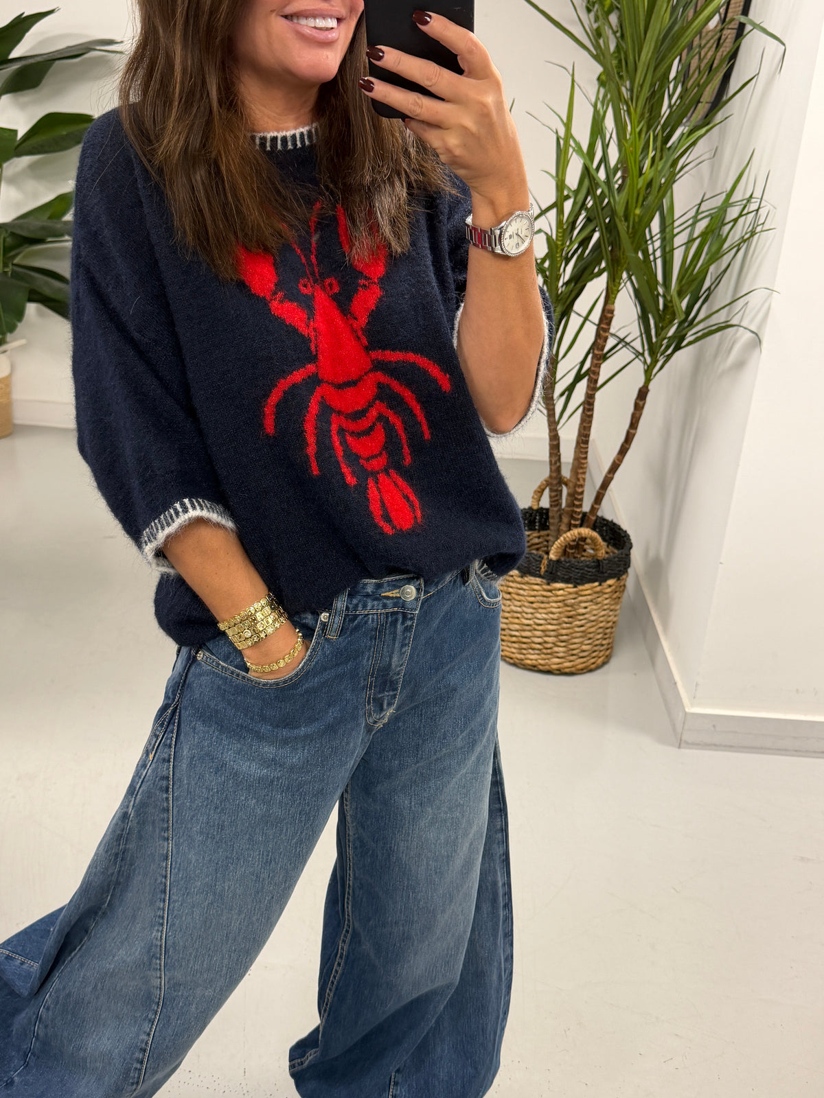 Lobster Blanket Stitch Knit - Navy/Red  (Size 10-14)
