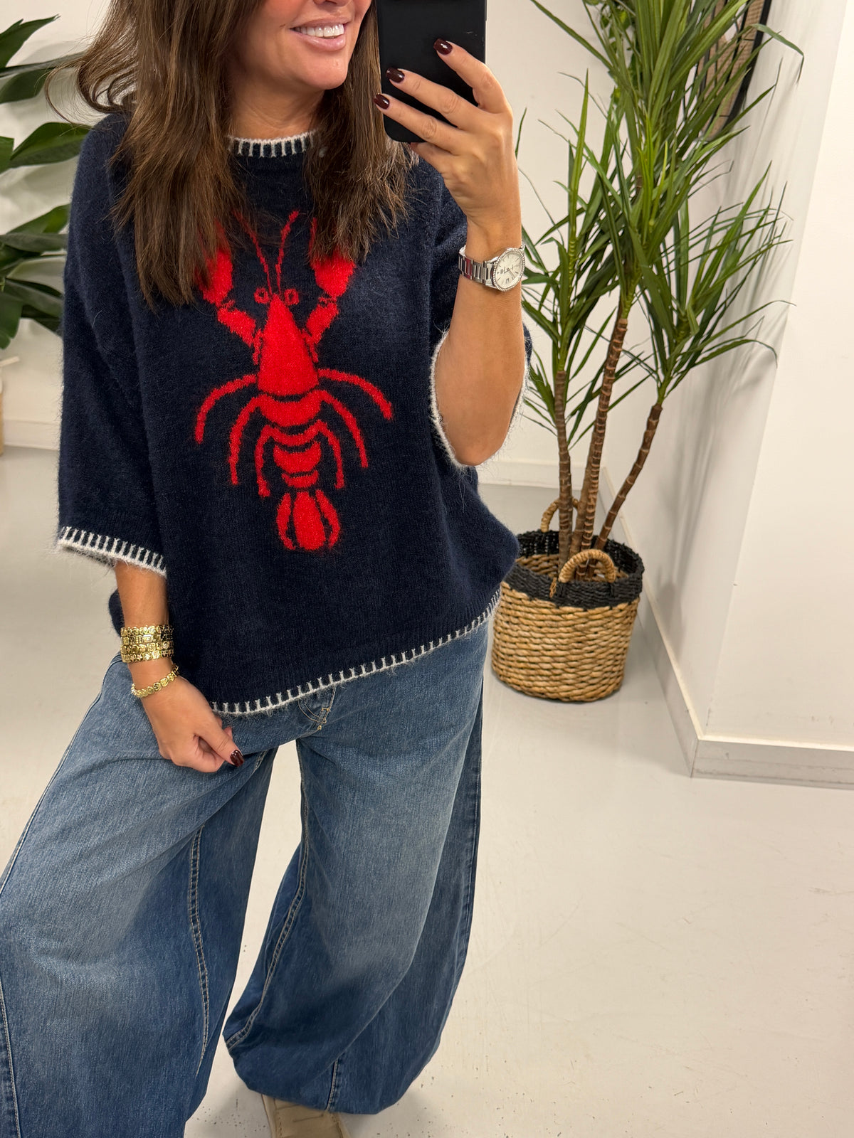 Lobster Blanket Stitch Knit - Navy/Red  (Size 10-14)