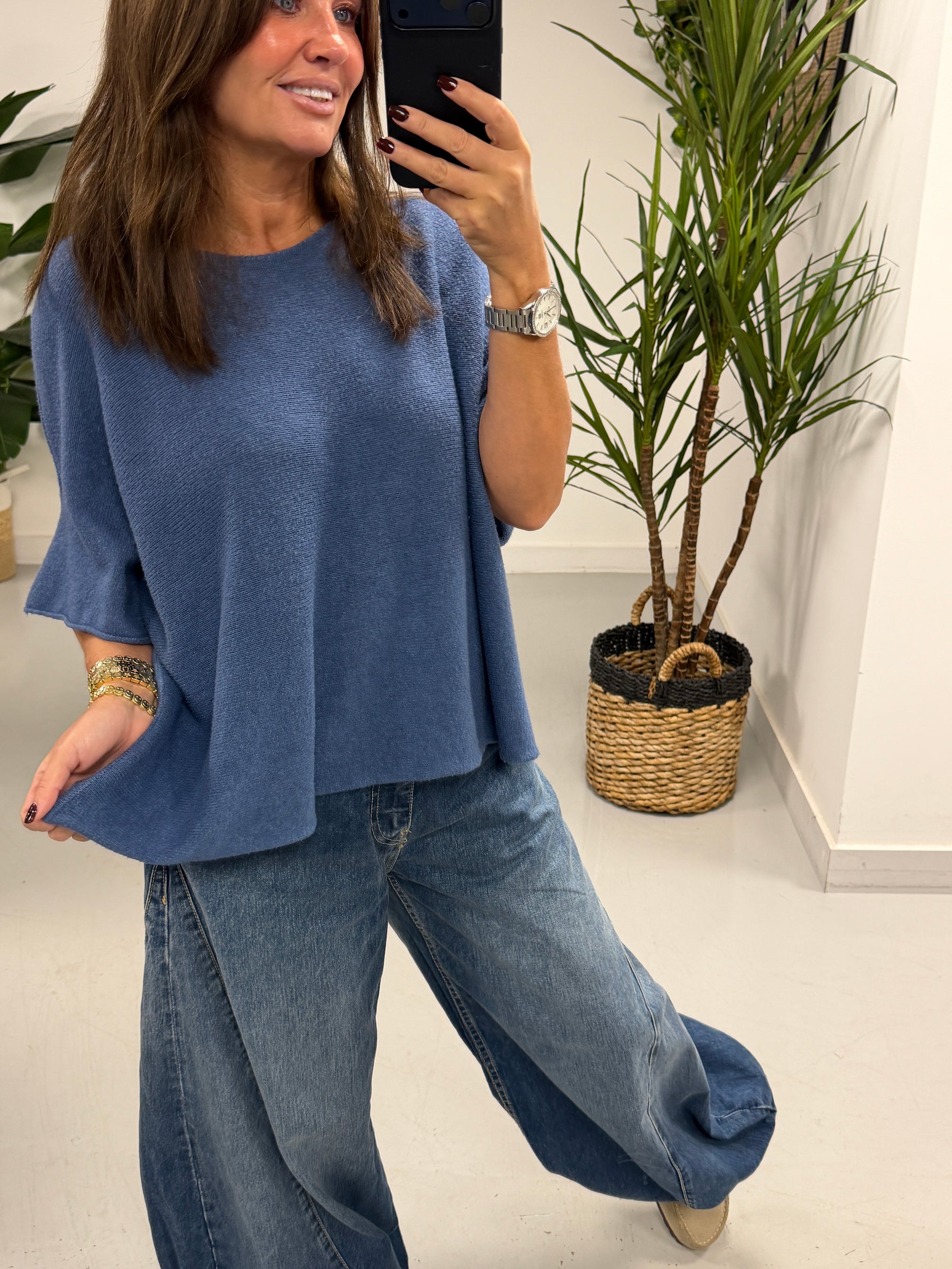 Gracie Crop Sleeve Knit - Denim Blue