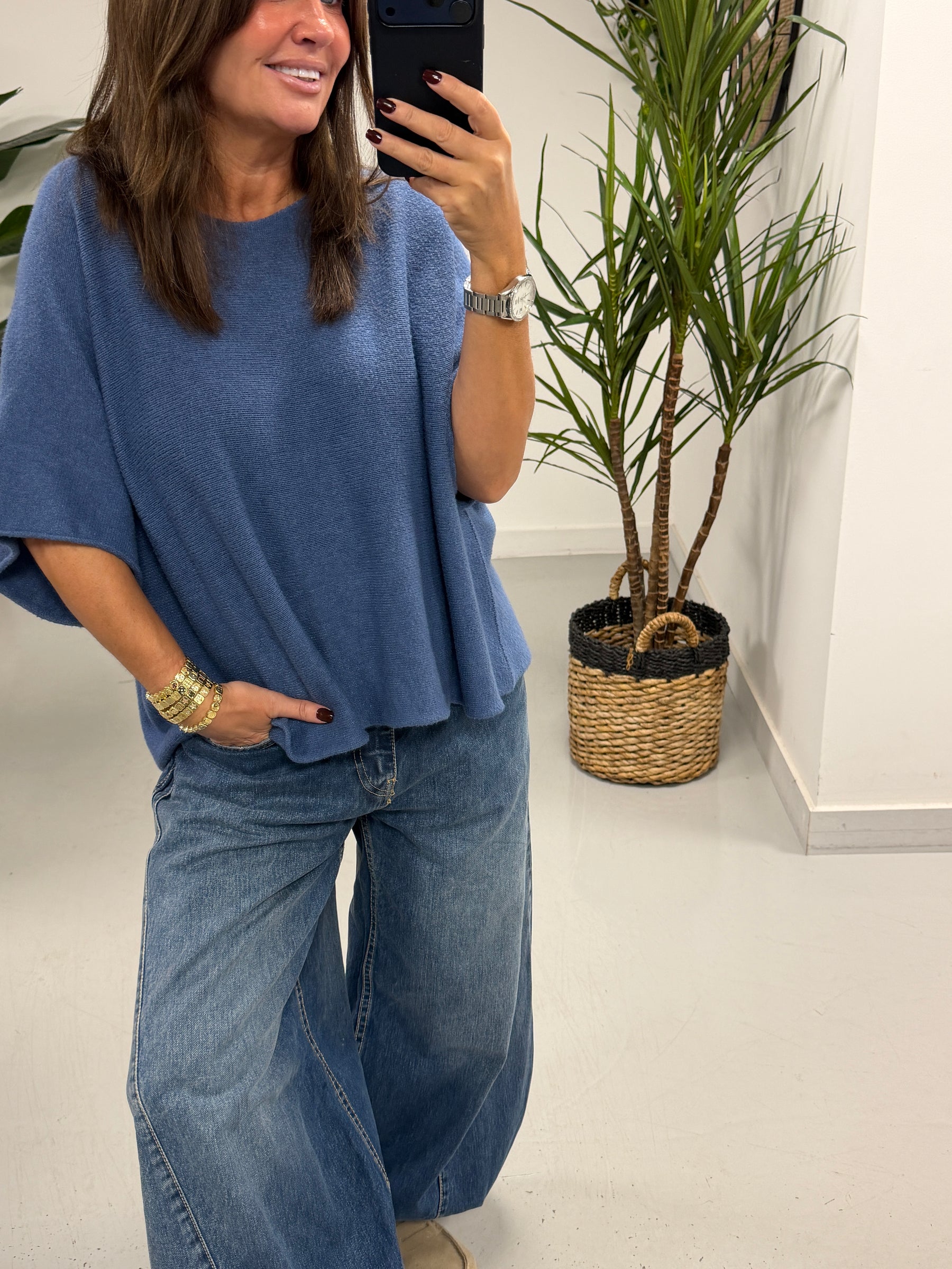 Gracie Crop Sleeve Knit - Denim Blue