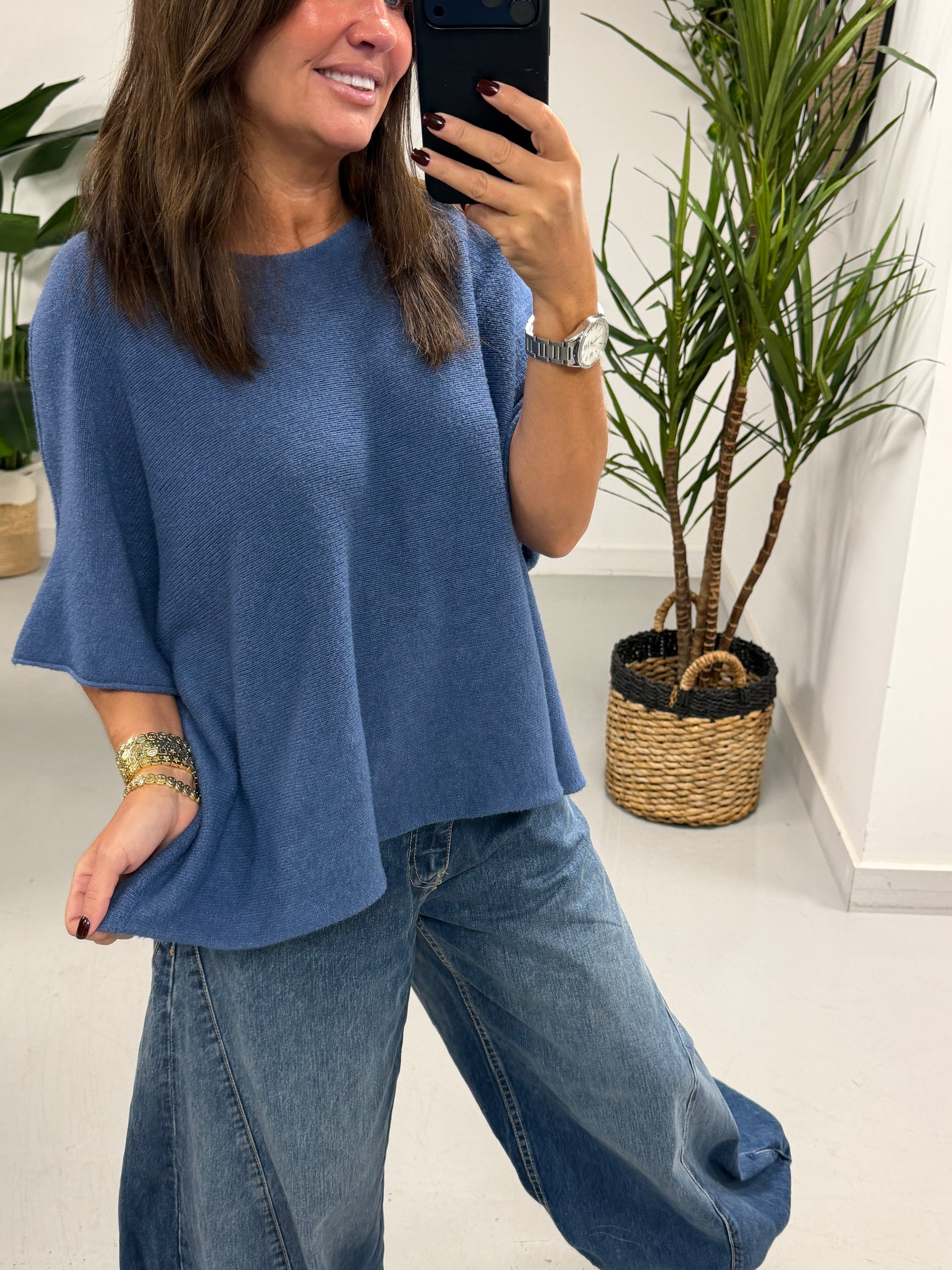 Gracie Crop Sleeve Knit - Denim Blue