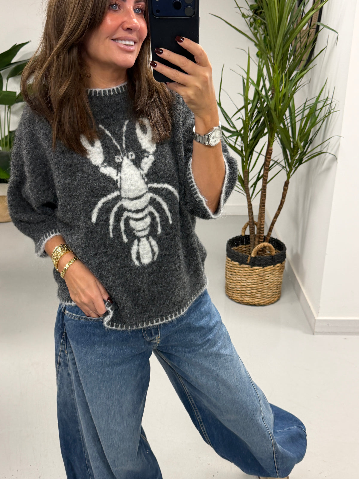 Lobster Blanket Stitch Knit - Grey/Cream (Size 10-14)