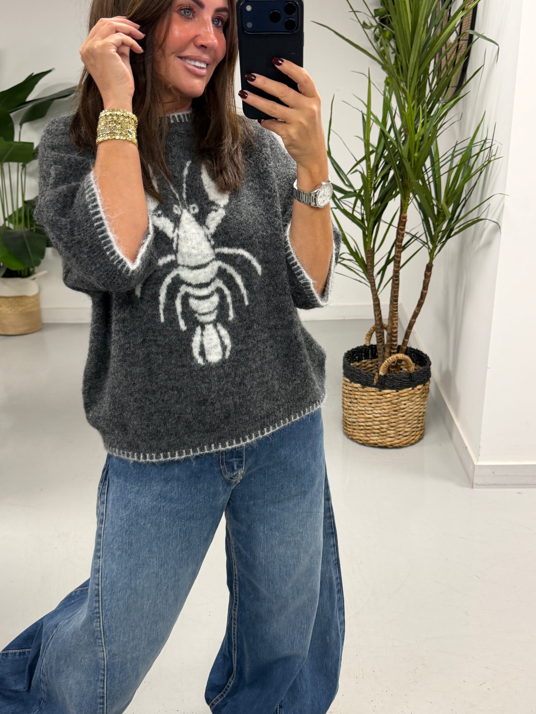 Lobster Blanket Stitch Knit - Grey/Cream (Size 10-14)