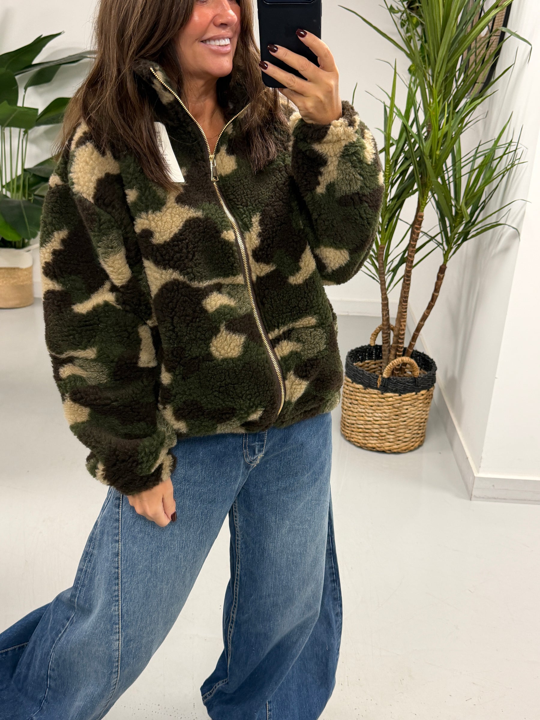 The Conrad Camo Fleecy Zip Up Jacket - Stone