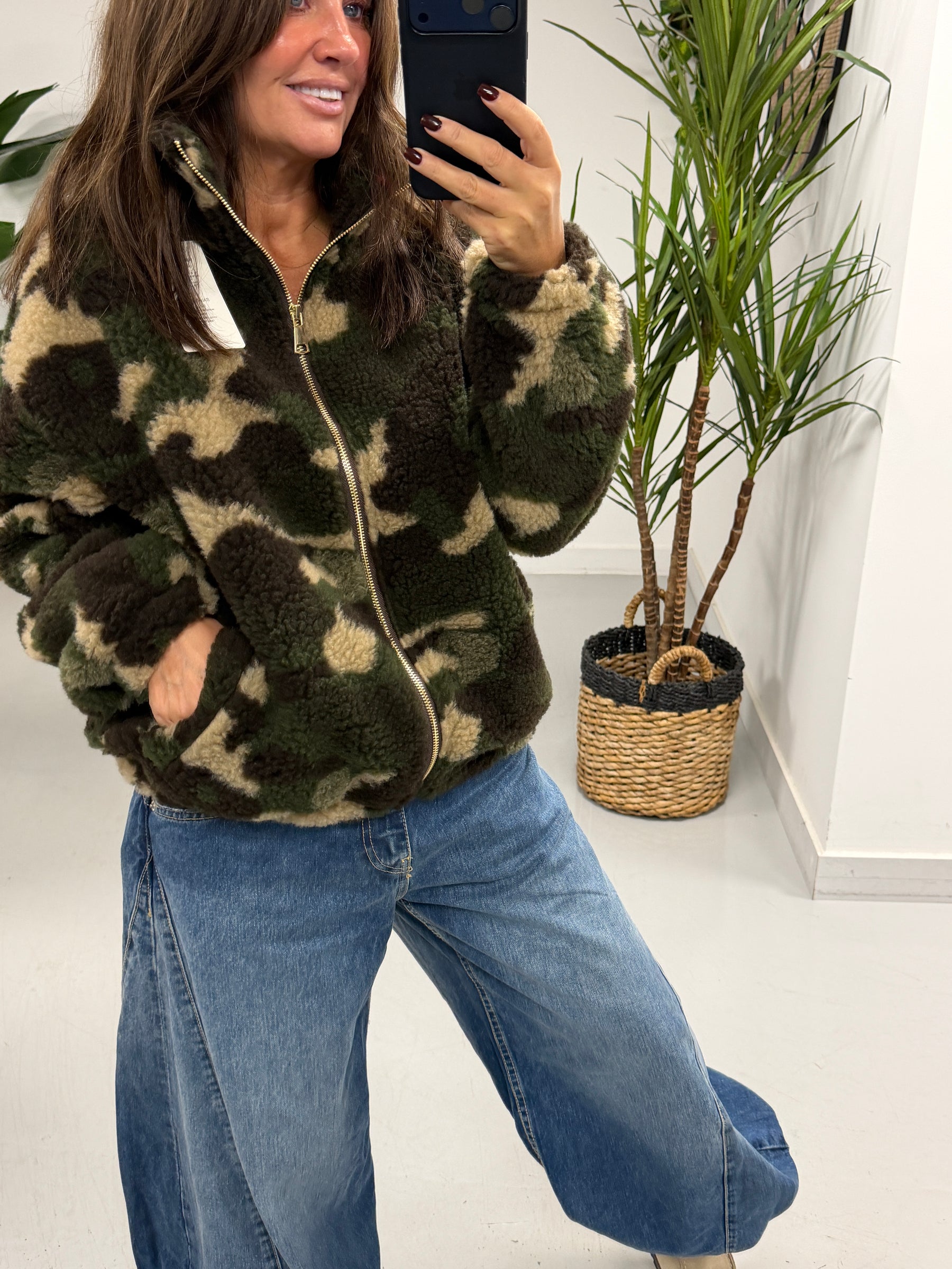 The Conrad Camo Fleecy Zip Up Jacket - Stone