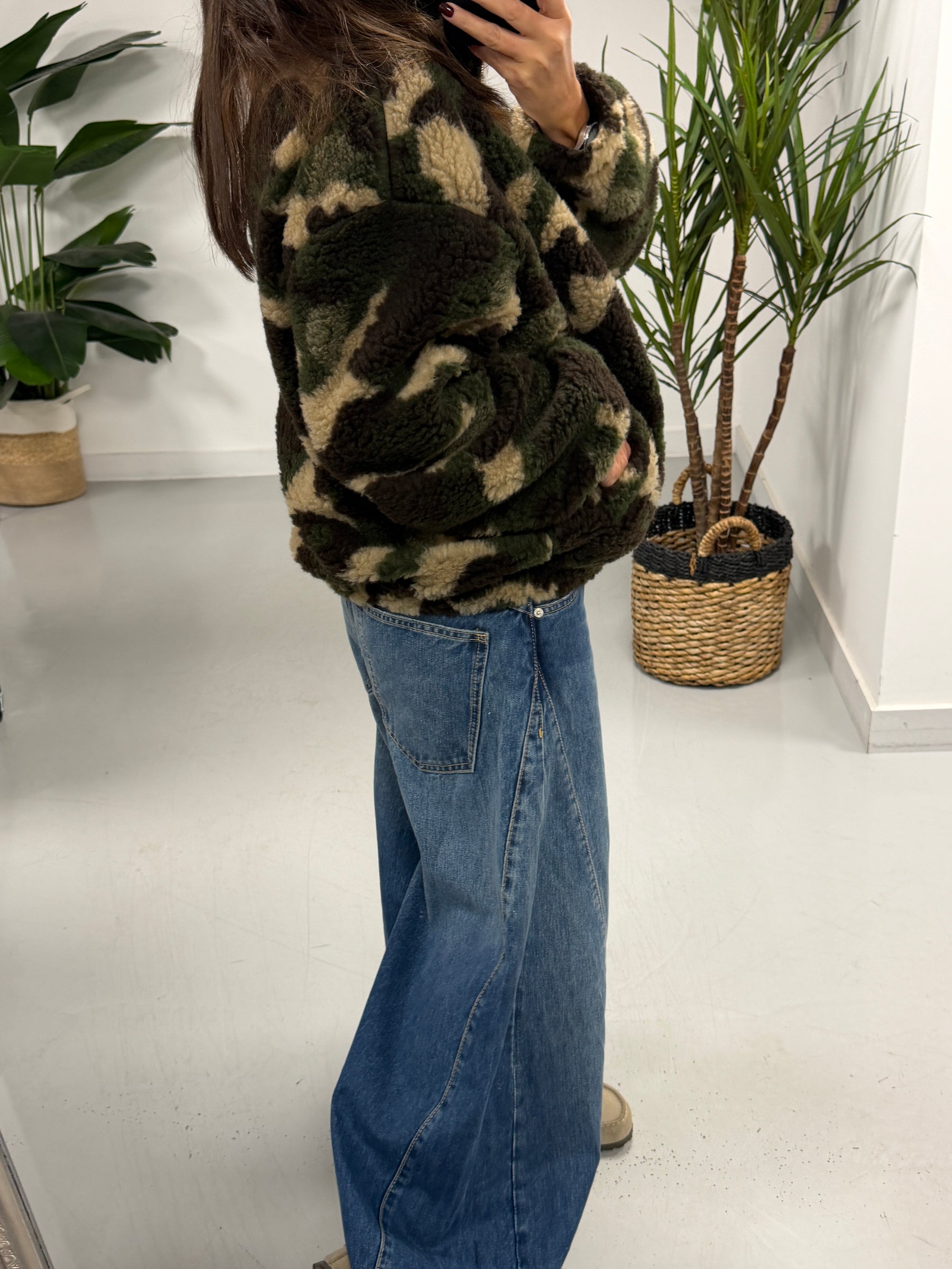 The Conrad Camo Fleecy Zip Up Jacket - Stone
