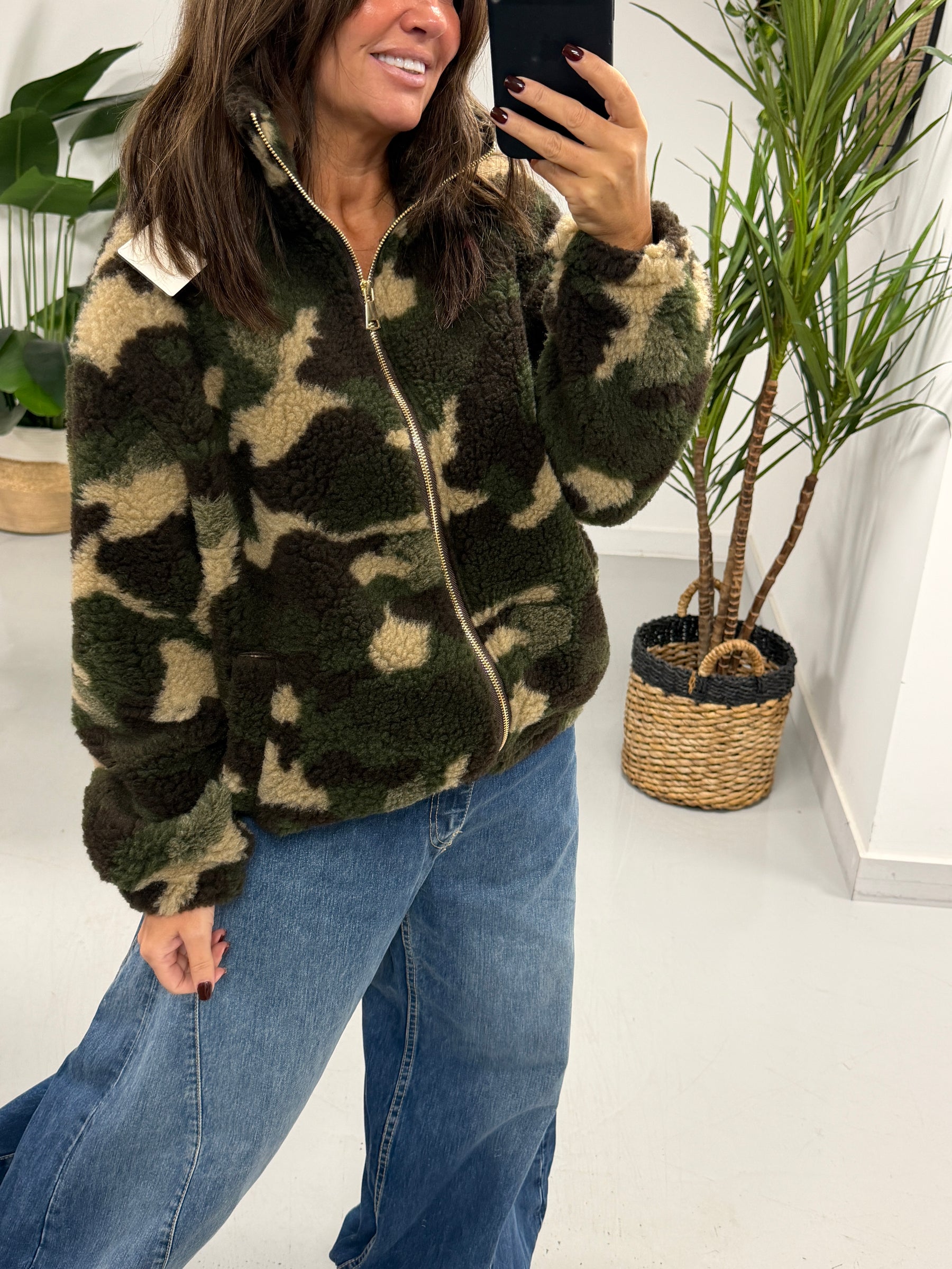The Conrad Camo Fleecy Zip Up Jacket - Stone
