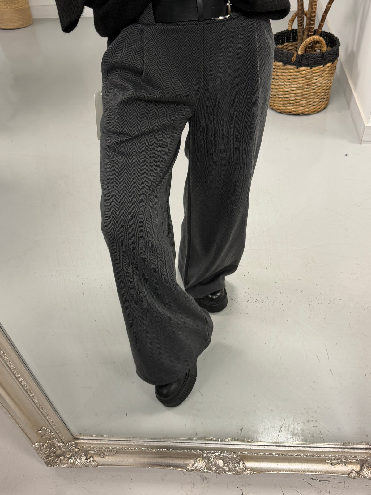 The Herringbone Belted Trousers - Charcoal (Size 10-12)