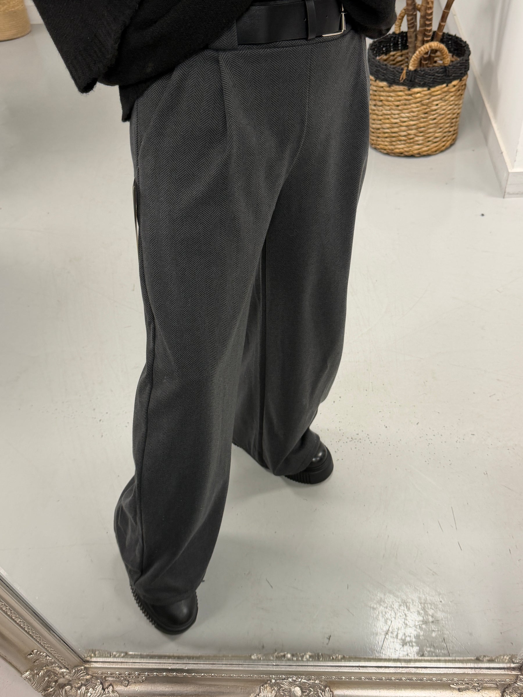 The Herringbone Belted Trousers - Charcoal (Size 10-12)