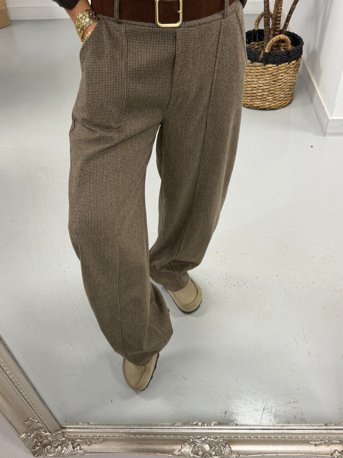 The Dogtooth Belted Barrel Trousers - Chocolate (Size 10-14)